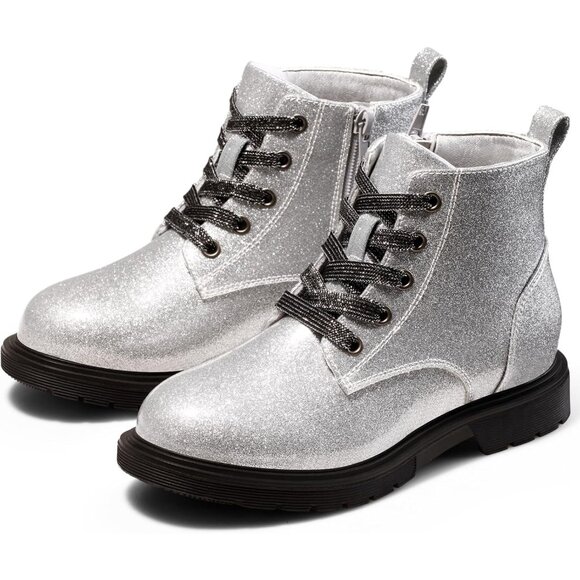 Girls Ankle Boots Sliver Glitter Combat Bootie Zipper Lace Up Winter Dress Boot - Picture 5 of 6